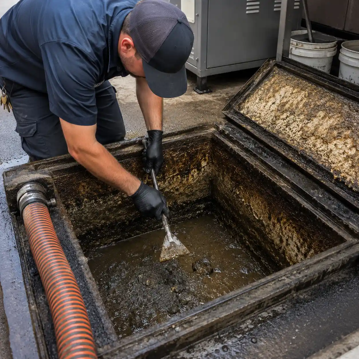 Grease buildup removal from a commercial grease trap