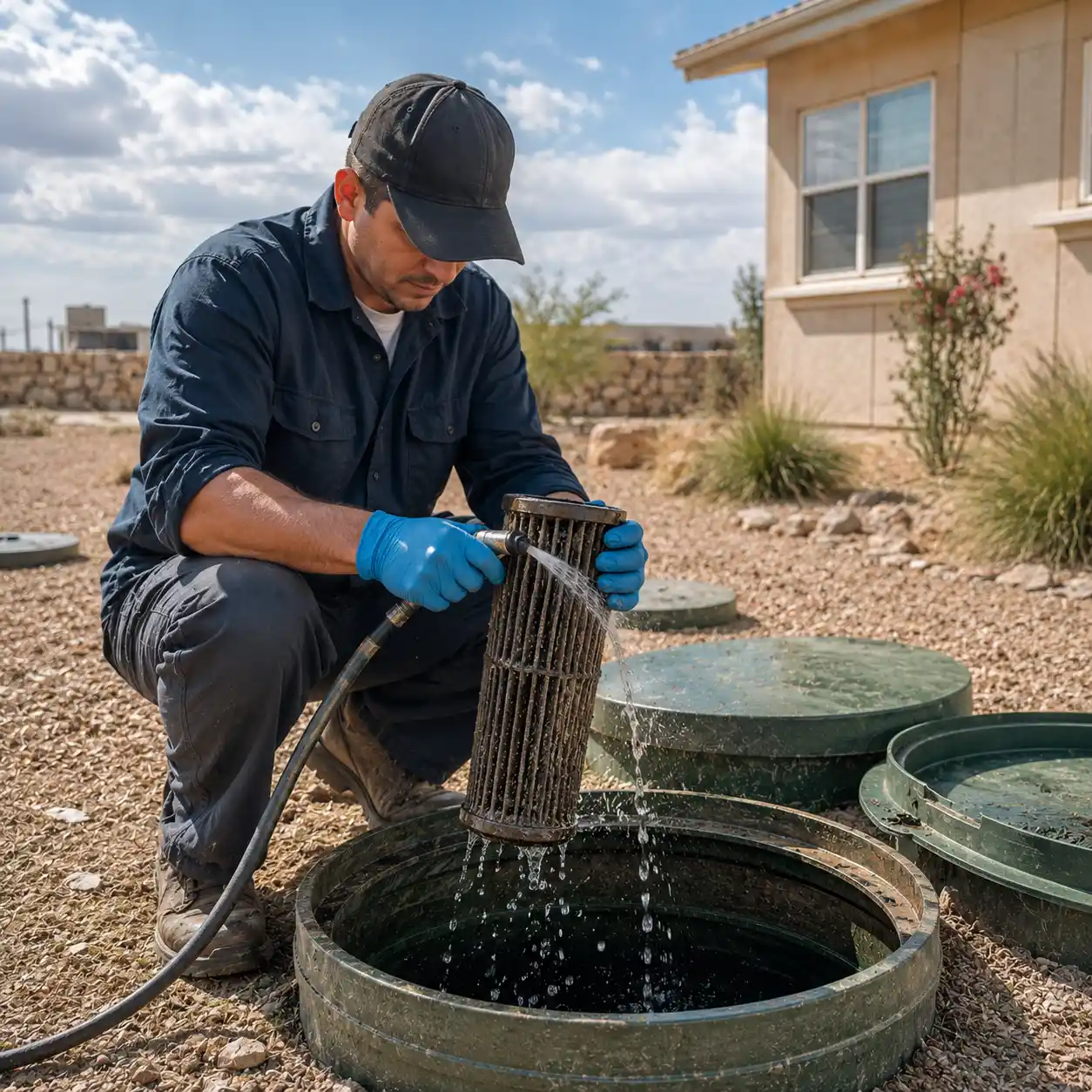 Clean aerobic septic filter after service in Odessa, TX