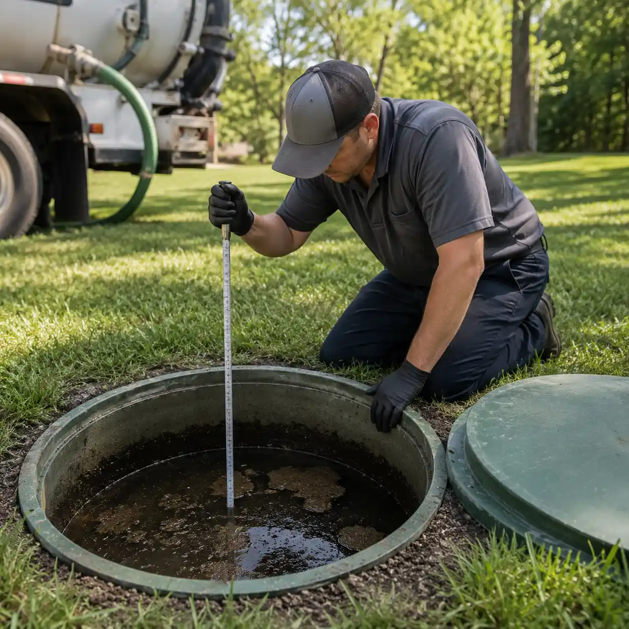 Odessa Septic Services technician measuring septic tank sludge levels