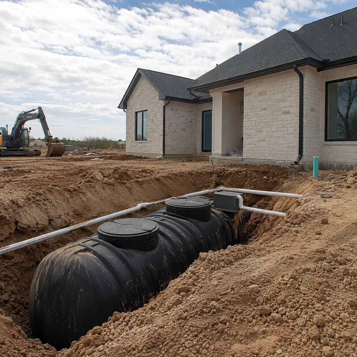 Septic excavation at a new home construction site in Odessa, TX
