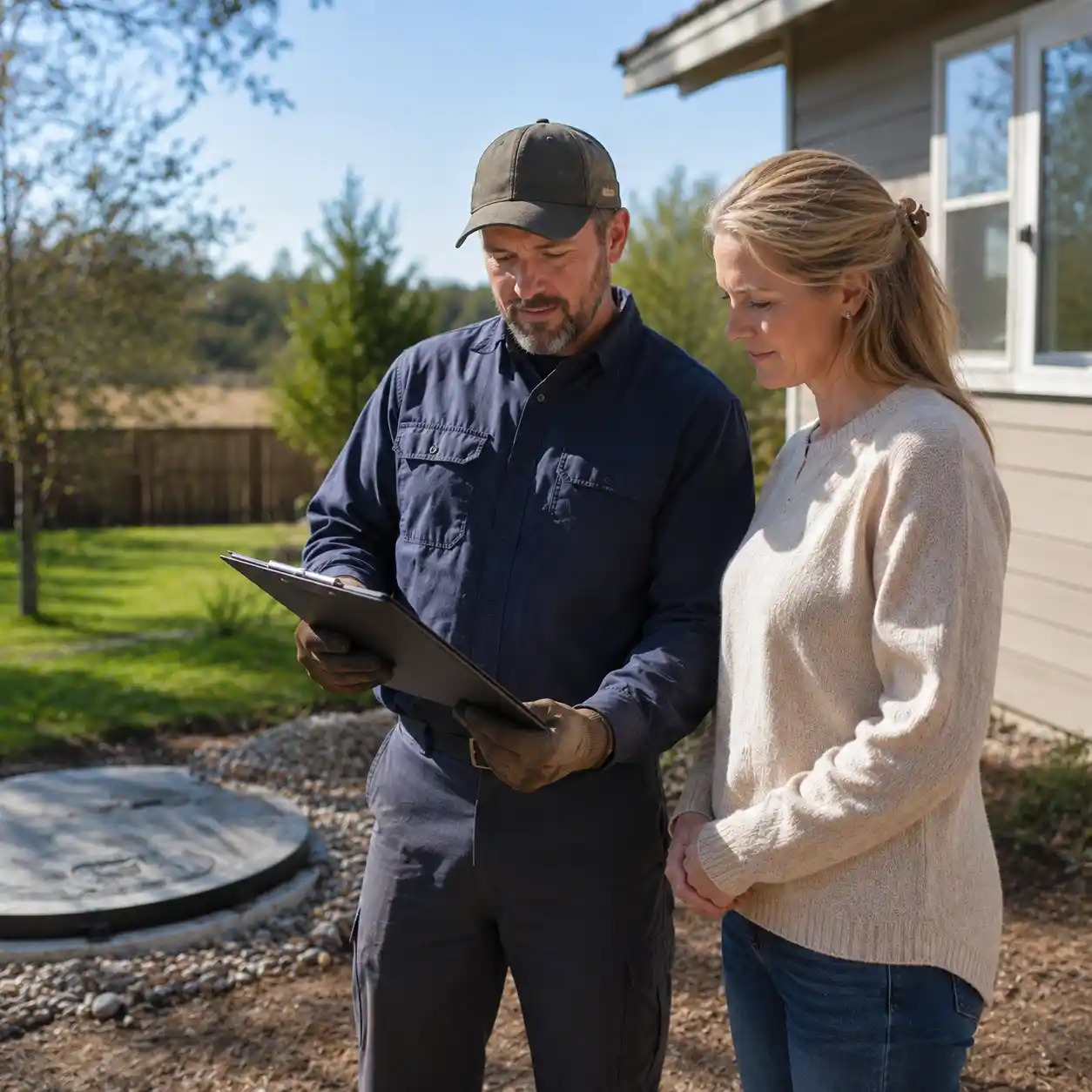 Odessa Septic Services technician reviewing a septic inspection report with a homeowner