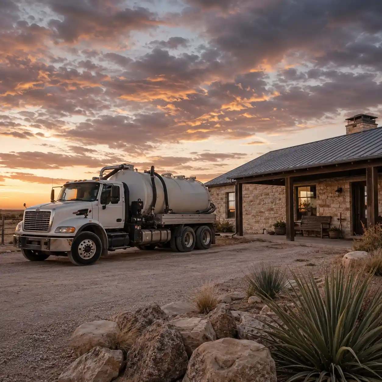 Odessa Septic Services truck at a ranch home at sunrise