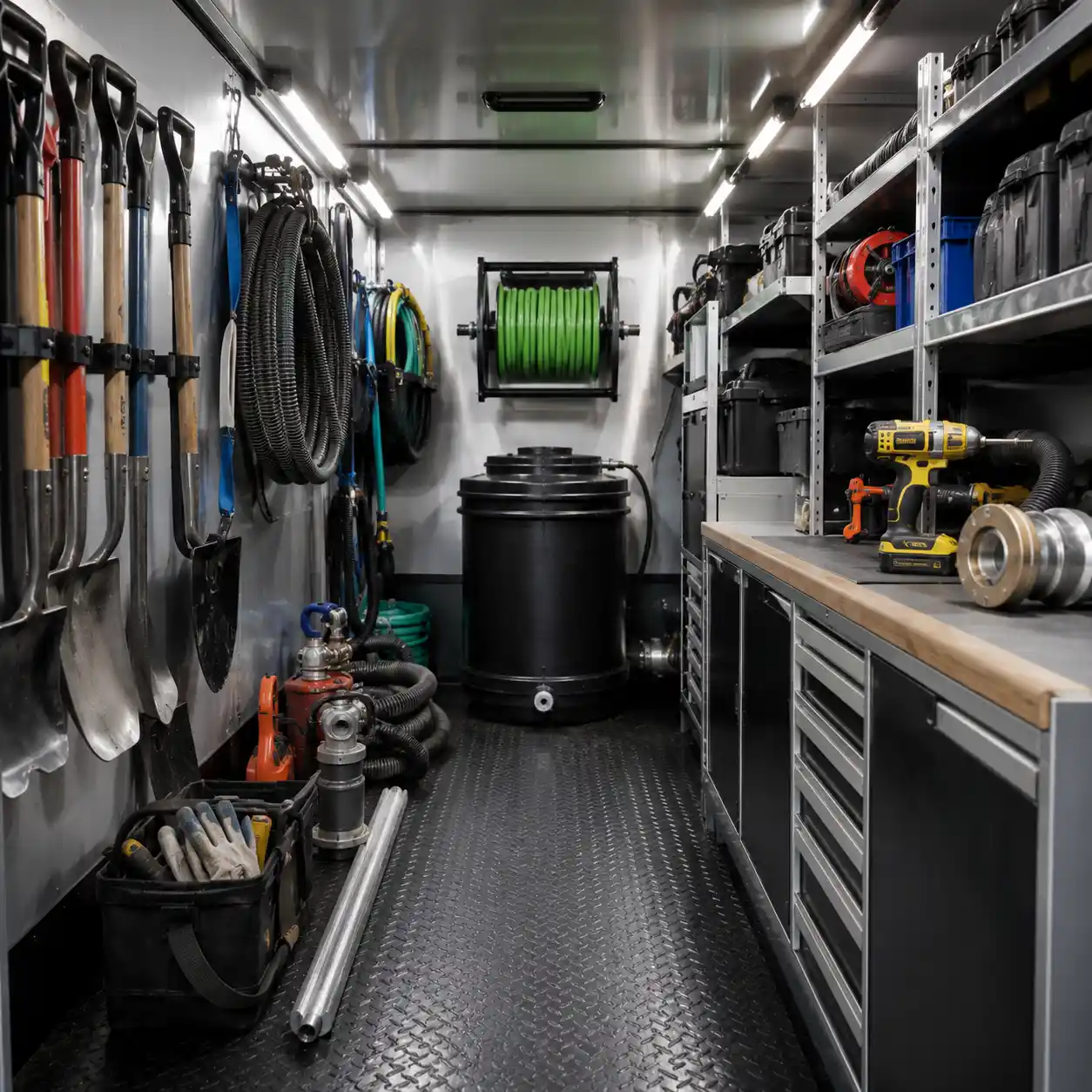 Organized septic service tools and trailer