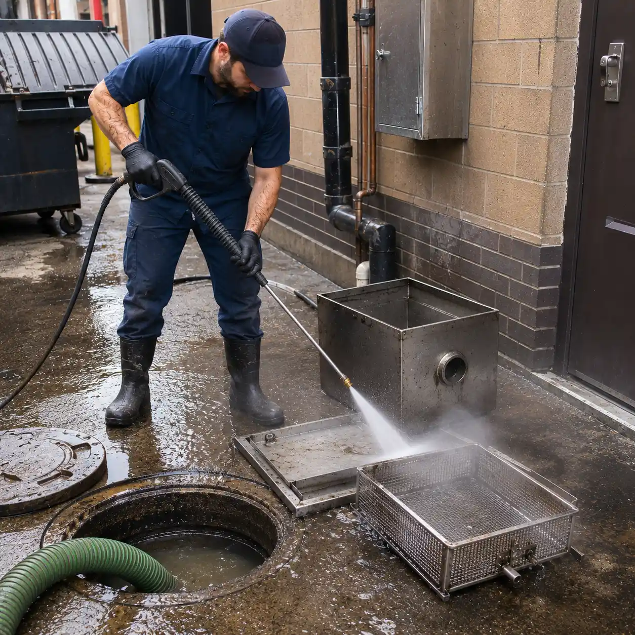 Pressure washing a commercial grease trap
