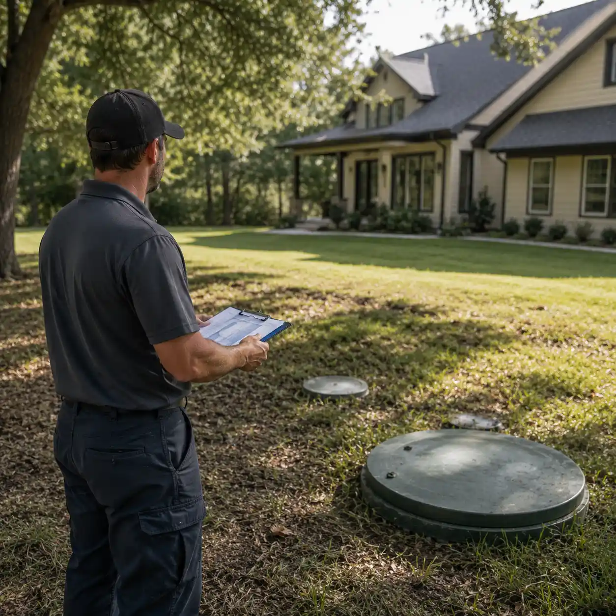 Crew evaluating a property ahead of septic system replacement