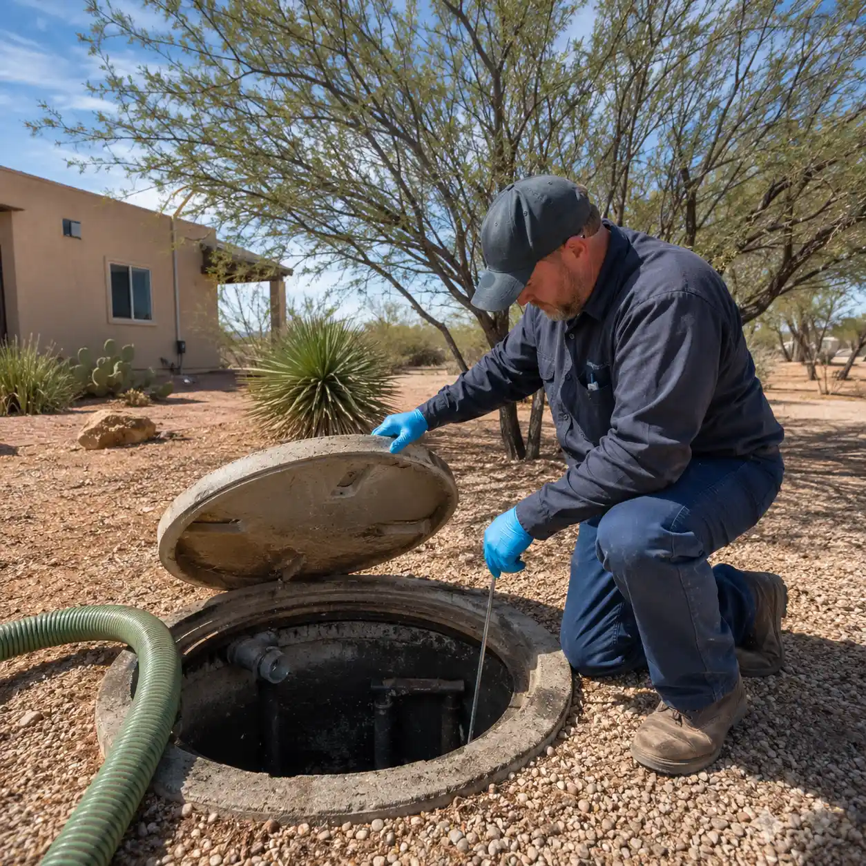 Septic inspection at a desert property with mesquite brush