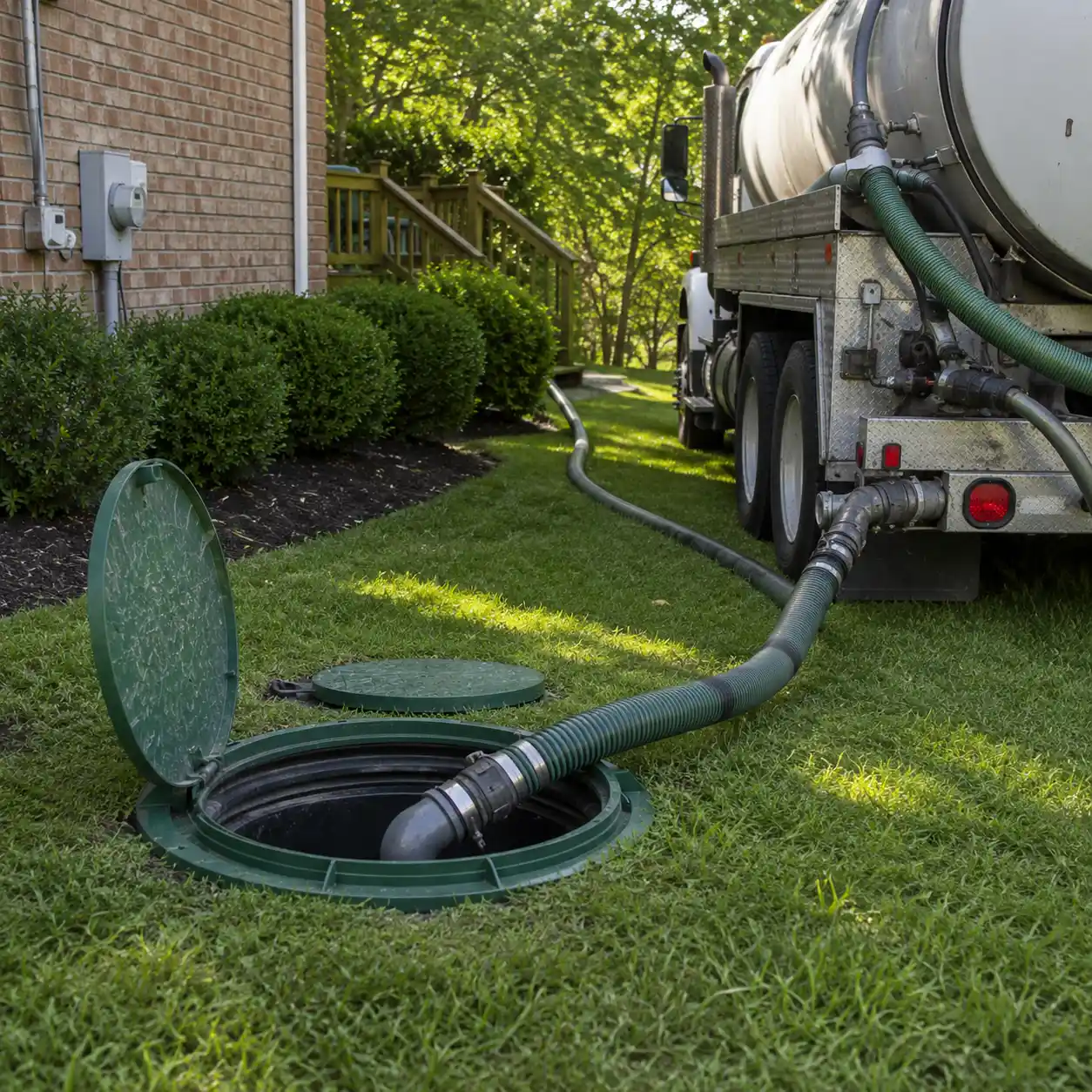 Septic pumping hoses connected during a service visit