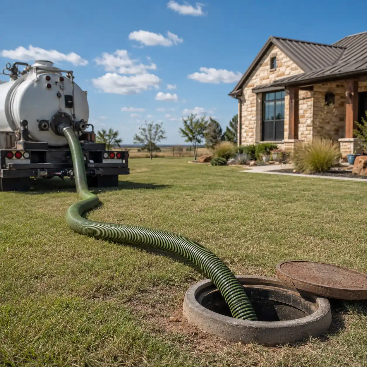 Septic pumping truck at work under open West Texas skies