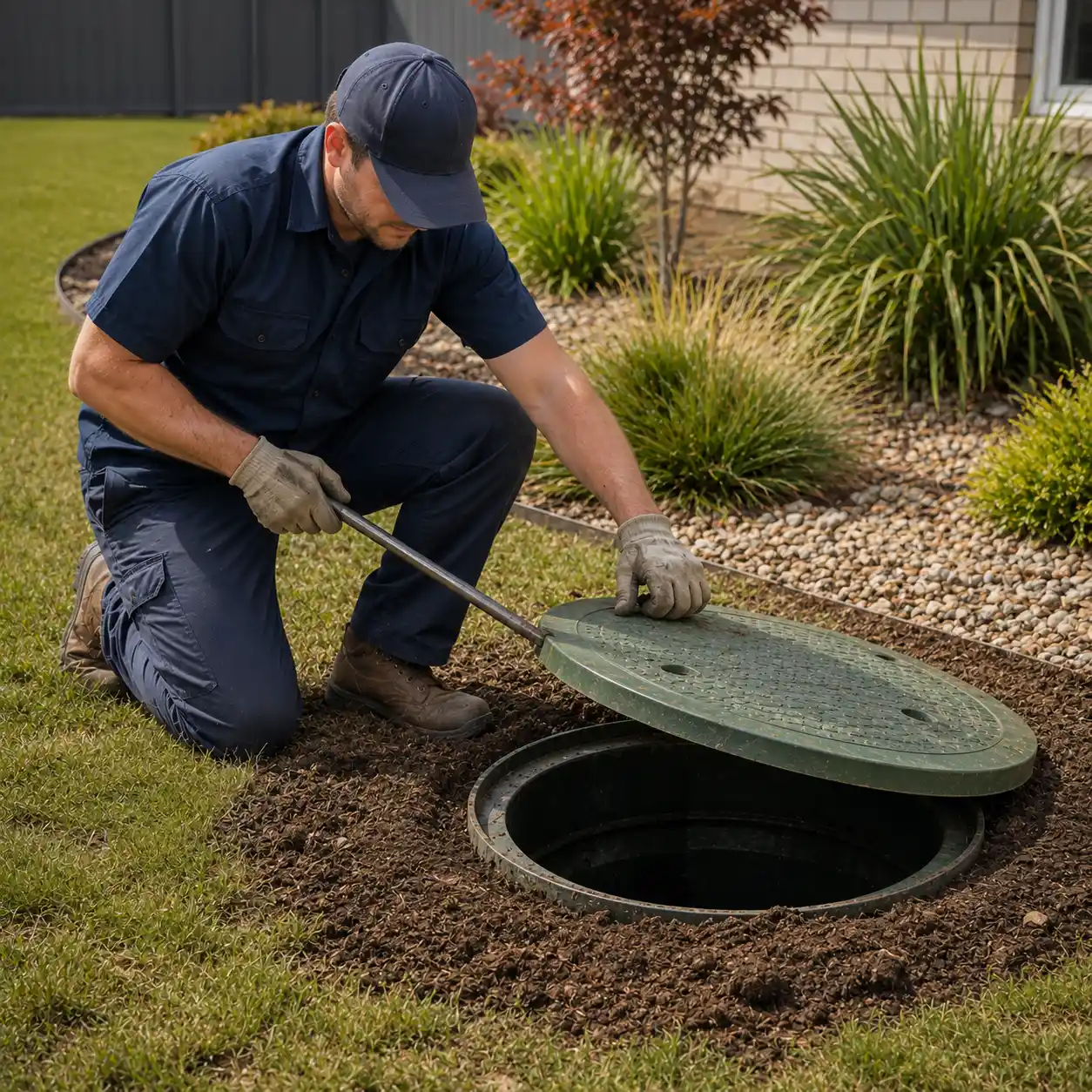 Technician uncovering a buried septic tank lid